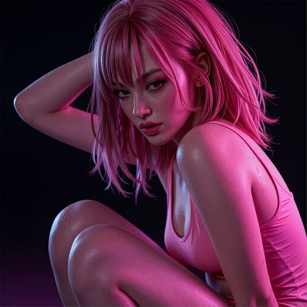 Pink-haired woman in a matching pink tank top crouching under vivid magenta studio light