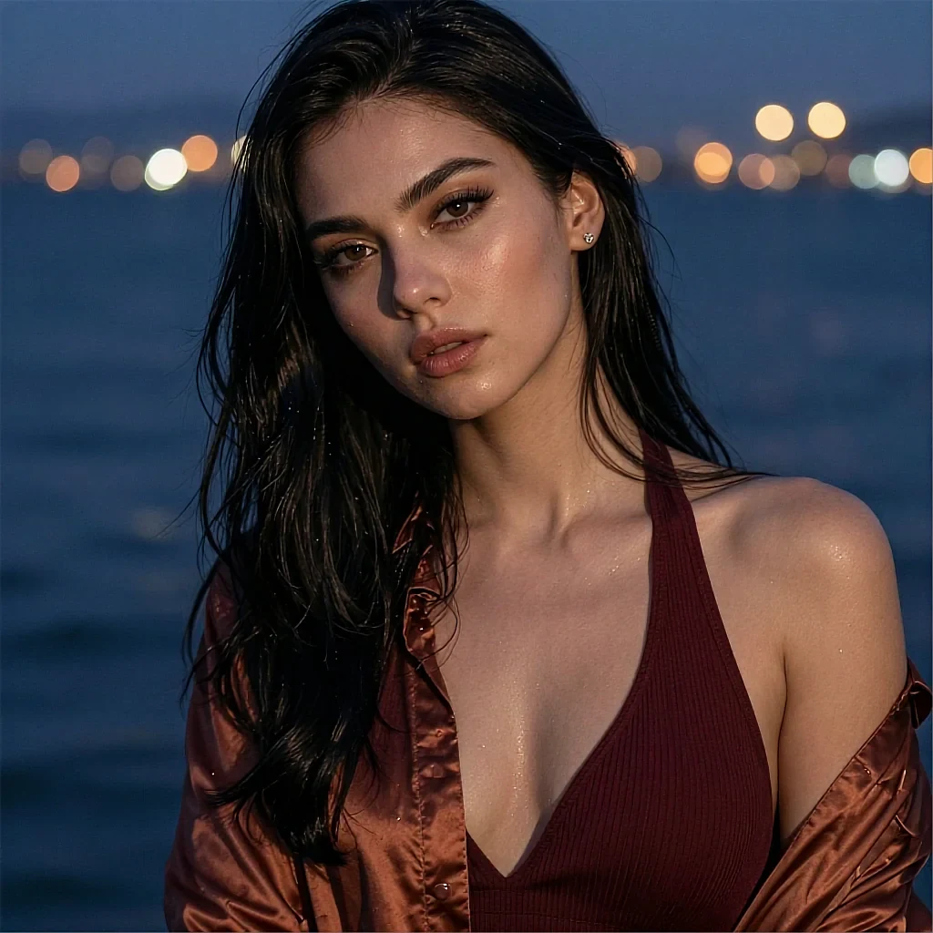 Dark-haired woman in a burgundy halter and satin jacket at a coastal promenade at dusk