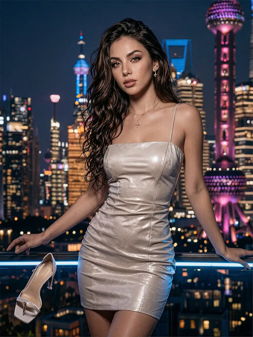 Dark wavy-haired woman in a silver mini dress on a rooftop with a lit city skyline at night