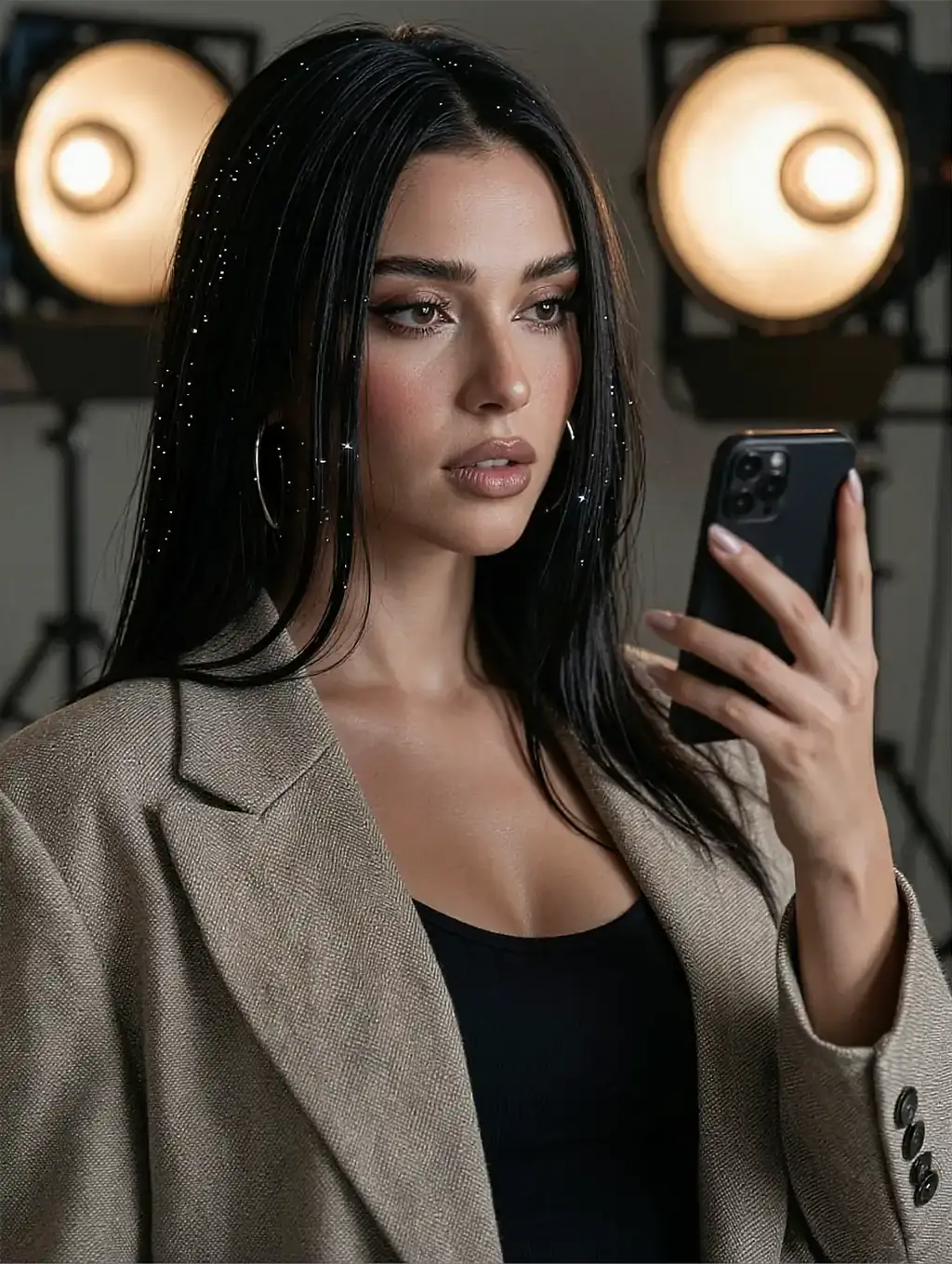 Black-haired woman in a beige oversized blazer holding a phone in a studio with warm spotlights