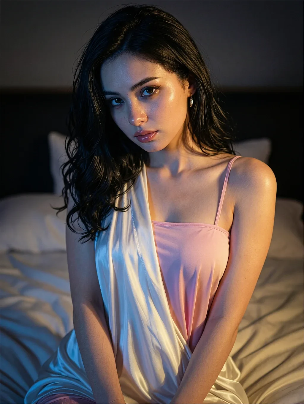 Dark wavy-haired woman in a pink satin slip seated on a bed under moody blue-pink light